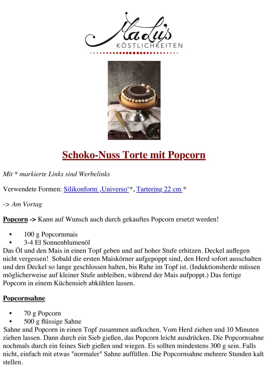 Schoko-Nuss Torte mit Popcorn - Maren Lubbe - Feine Köstlichkeiten Schoko-Nuss Torte mit Popcorn - Maren Lubbe - Feine Köstlichkeiten