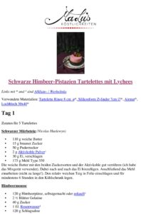 Rezeptdruck Schwarze Himbeer-Pistazien Tartelettes mit Lychees